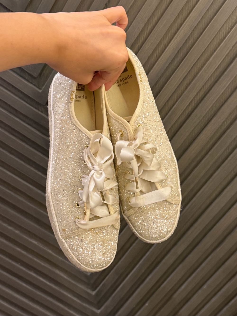kate spade Glitter Satin Ribbon Sneakers in Ivory